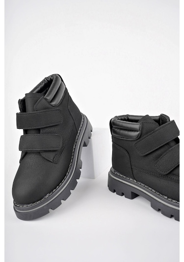 Muggo Gadget Garantili Çocuk Unisex Rahat Kalıp Soğuğa Dayanıklı Cırtlı Bot 001 Siyah