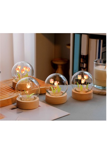 Shineyee Purple Tulip Mini Led Night Light - Dıy Wooden Glass Flower Shape, Soft Lighting, Bedroom Decoration, Creative Gift Set With Built-in Battery Mor