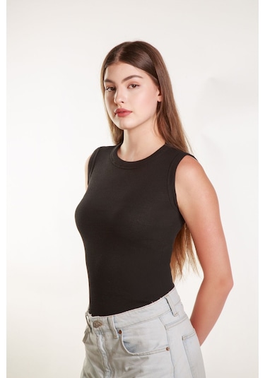 Kadın Siyah Fitilli Likralı Sıfır Kol Bisiklet Yaka Örme Atlet Tshirt Bluz Siyah