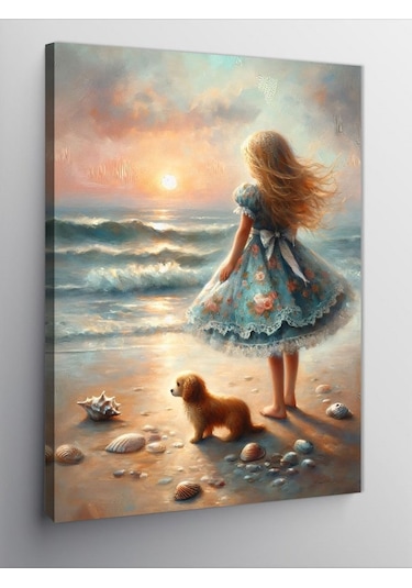 Kanvas Tablo Yavru Köpek Ve Kız Çocuğu 50cmx70cm