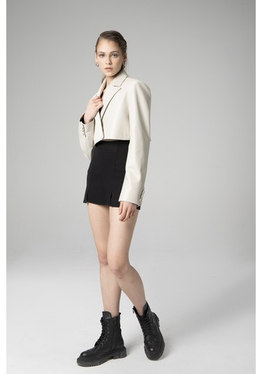 Dericlub Jasmine Kadın Crop Blazer Hakiki Deri Ceket Bej Null Bej