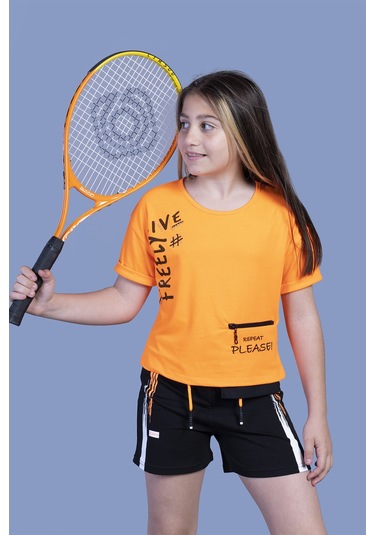 Toontoy Kız Çocuk Cep Detaylı Baskılı Şortlu Takım Turuncu