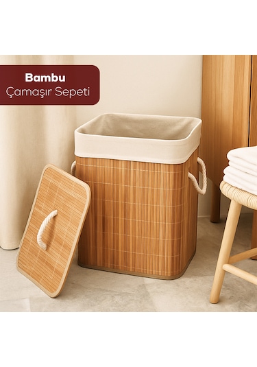 Porsima Pbt-053 Kapaklı Kirli Çamaşır Sepeti Dikdörtgen - Bambu Kirli Çamaşır Sepeti Bambu