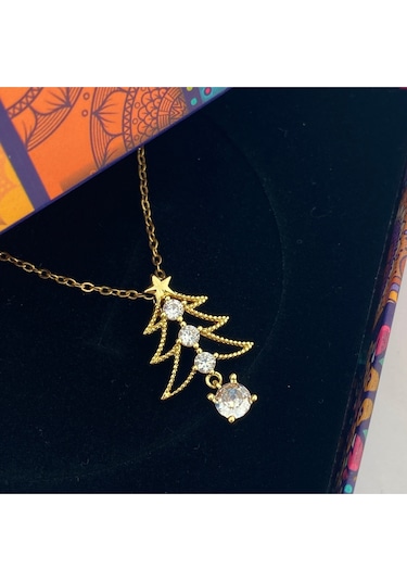 Yılbaşı Hediyelik Kolye Çam Ağacı Kadın Kolye Çelik Gold 45cm Gold