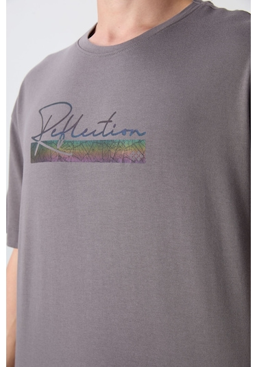 Tommy Life Koyu Gri Pamuklu Kalın Yumuşak Dokulu Oversize Fit Baskılı Erkek T-shirt - 88334 Koyu Gri