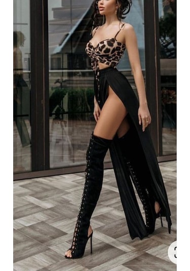 Parti Elbise Leopar Ve Siyah Kombinli Uzun Yırtmaçlı Göğüs Kısmı Bağcıklı Leopar Siyah