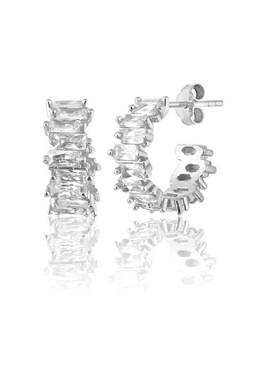 925 Ayar Gümüş Rodyum Kaplama Baget Taşlı Tamtur Halka Küpe