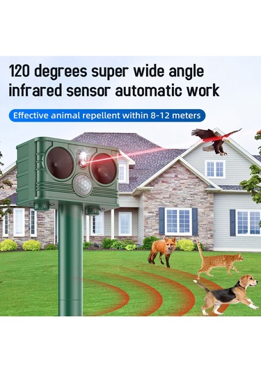 Youtek Solar Güçlü Ultrasonik Hayvan Kovucu - Lazer+led Işık+entegre Li-poly Batarya, 5 Mod, 120 Derece Geniş Açı, Ip54 Su Geçirmez, Koyu Yeşil