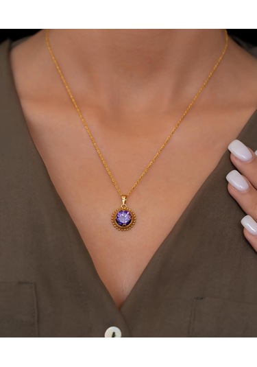 Bayar Gold 14 Ayar Altın Mor Taşlı Telkari Kolye Sarı Altın