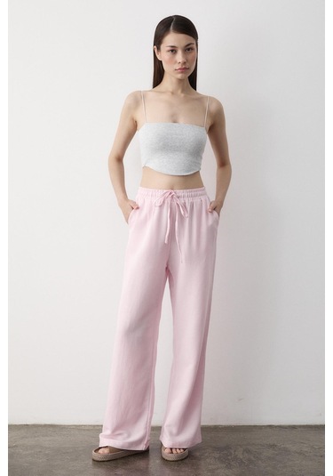 Pembe Beli Lastikli Bol Paça Pantolon Pembe