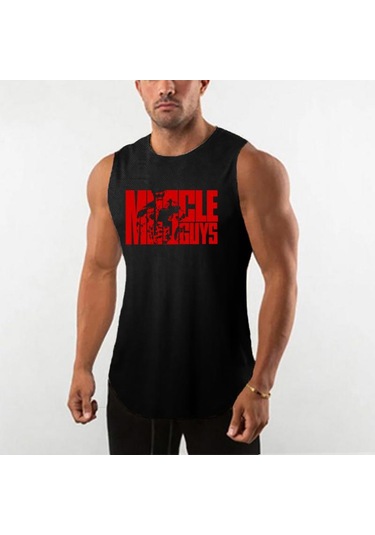 Siyah Muscleguys Spor Moda Tank Top Yaz Spor Salonu Vücut Geliştirme Kolsuz T-shirt Erkek Tranning Yelek Spor Örgü Muscleguys Baskılı Atlet