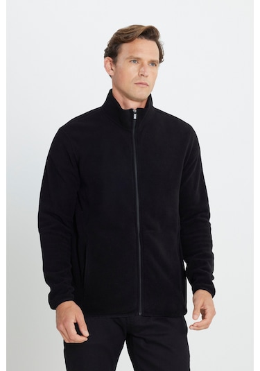 AC&Co / Altınyıldız Classics 4A5221100014SYH3XL Standart Fit Fermuarlı Bato Yaka Polar Erkek Ceket Siyah