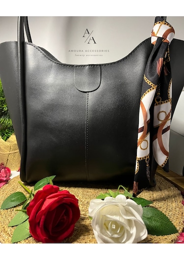 Kavisli Ağızlı Ve Şal Detaylı Büyük Boy Tote Çanta Siyah