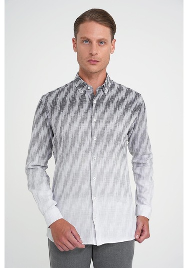 Comfort Fit Pano Desen Düğme Yaka %100 Keten Gri Gömlek G 1594 Gri