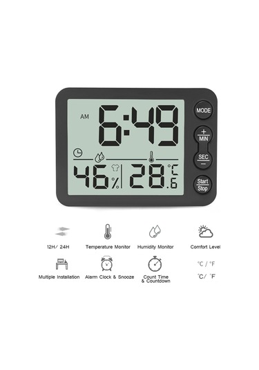 Fosenze Dijital Oda Termometre-nem Ölçer: Lcd Ekranlı, Zamanlayıcı, Alarm Saati, C/ F Değiştirilebilir, Ev Ofis İçin Pil Hariç