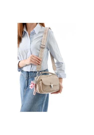 Vegan Deri Kadın Postacı Çanta 21 15 Cm Yıkama Suni Deri Omuz Çantası Çapraz Askılı Çanta Bej