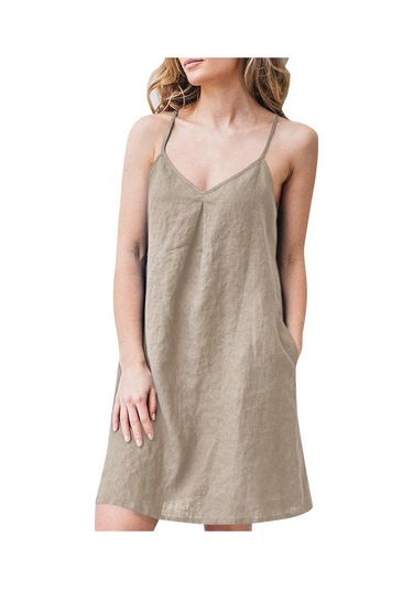 Bej Zanzea Bayan Yaz Kolsuz V Yaka Pamuk Basic İnce Mini Kayma Elbise