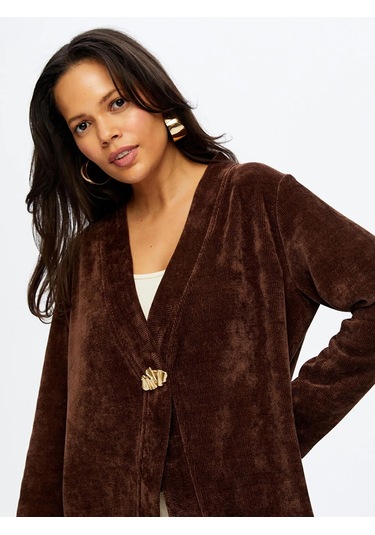 Faik Sönmez Metal Aksesuar Detaylı Şönil Kadın Hırka W26hrk004 Kahve