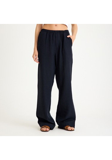 %100 Pamuklu Dokuma İçten Bağlamalı Müslin Kimono-pantolon Alt Üst Takım Siyah