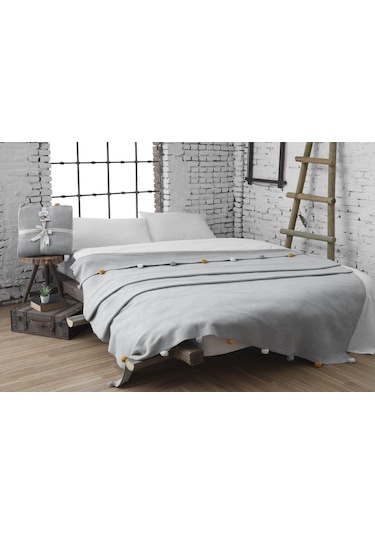 Aksu Tek Kişilik Ponponlu Pike Battaniye 150x200 Gri