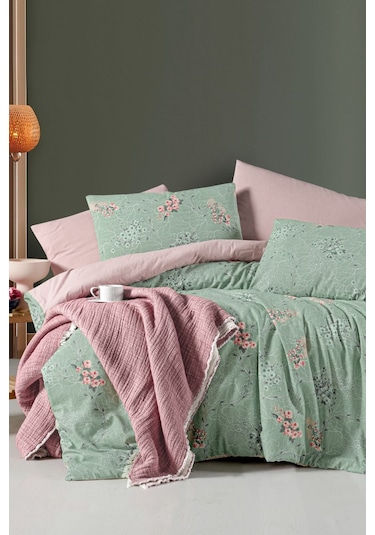 Lastikli Çarşaflı Tek Kişilik Nevresim Takımı Green Yeşil Somon