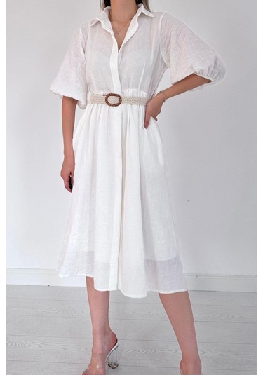 Beyaz Gizli Pat Yakalı Elbise Beyaz