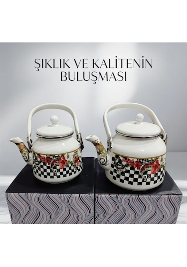 Alev Emaye Çaydanlık Takımı Nostaljinin Modern Yorumu Beyaz - Siyah