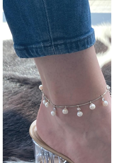 Doğal İnci Sallantılı Kadın Halhal Gümüş