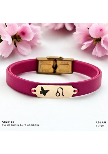 Archin Ağustos Ayı Doğumlarına 14 Ayar Altın Plakalı Pembe Derili Kelebek Figürlü Hediye Bileklik-651ay Ağustos