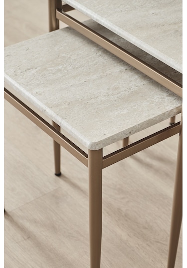 Damrin Serisi Traverten Desen 1. Sınıf Mebran Mdf 3 Lü Zigon Sehpa Takımı Traverten Desen - Bronz Ayak