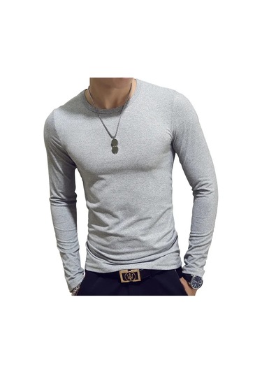 Snapbuy 2023 Erkek Uzun Kollu V Yaka Gevşek Fit T-shirt Sonbahar Giyimgri Gri