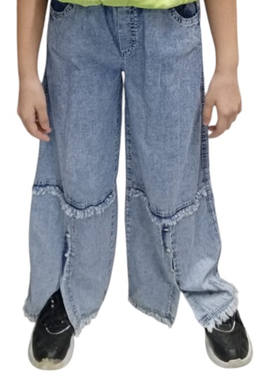 Kız Çocuk Beli Lastikli Çıtçıt Detaylı Cepli Palazzo Model Mevsimlik Mavi Kot Pantolon Açık Mavi