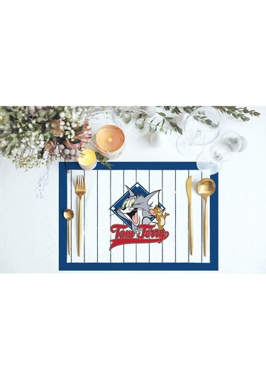 Lacivert Çizgili Tom & Jerry Kumaş Amerikan Servis 4lü Set 35x50cm Warner Bros Lisanslı, Keten Kumaş Çok Renkli