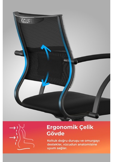Ergolife Sit Air Ofis Koltuğu Tekerlekli, Yükseklik Ayarlı, Fileli, Siyah, Bilgisayar Sandalyesi -572.60.1.222 Çok Renkli