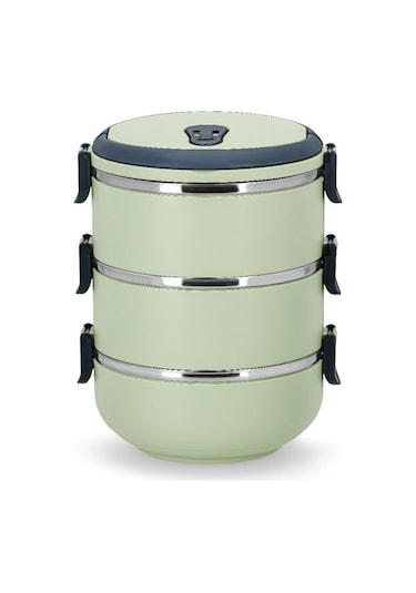 Penguen Kulplu Çelik Sefer Tası - Yemek Termosu Saklama Kabı 3 Katlı Yeşil Yeşil