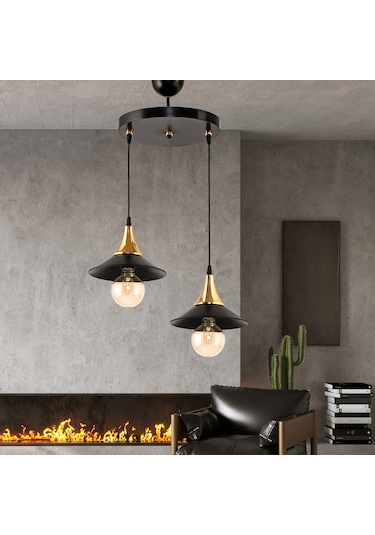 Dede İkili Embudo Tepsili Avize Gold Huni Japon Şapkalı Siyah2