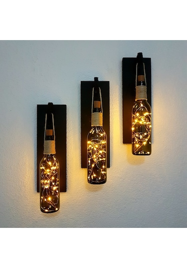 Retro Yeşil Şişeli Led Işıklı, Mat Siyah Aplik, 3 Lü Set