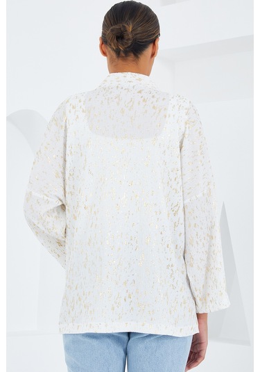 Bigdart Kadın Ekru Varaklı Örme Kimono 5925 001