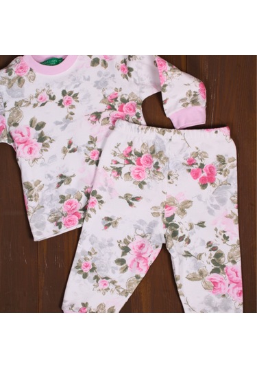 Büyük Çiçek Desenli Kız Bebek Eşofman Takımı %100 Pamuk Pembe