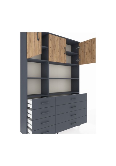 Arges Dolap 8 Raflı 8 Çekmeceli 3 Kapaklı 132x30x195 Antrasit-çam/antrasit Atlas Çam/antrasıt