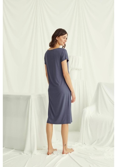 Monamise 18503 Kadın V Yaka Kısa Kollu Gecelik-lacivert Lacivert