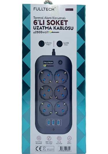 Fulltech Termal Akım Korumalı, Çocuk Korumalı, 6'lı 2 Mt Uzatma K