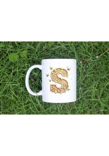 S Harfi Bal Arısı Tasarım Kupa Bardak - Bal Ve Petek Desenli Kişiye Özel Kahve Kupası - Hediyelik Beyaz