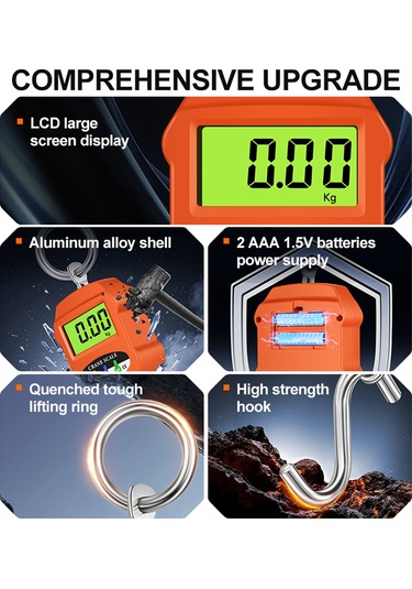Skycity 300kg Endüstriyel Plastik Asma Terazi, Mavi Arka Işık Lcd, 3 Ölçüm Birimi Kg, Lb, N , Oranj, Akıllı Taşınabilir Kanca Terazi