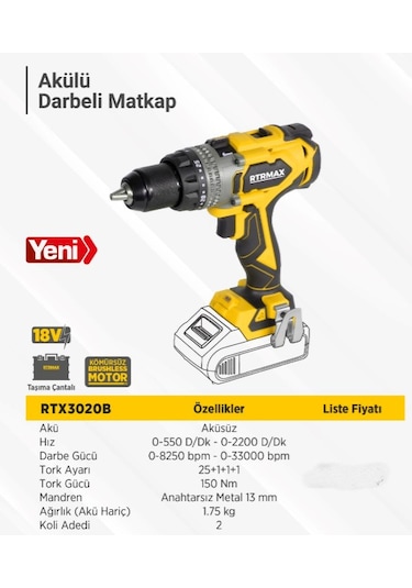 Rtrmax RTX3020B Akülü Solo Darbeli Matkap150 NM