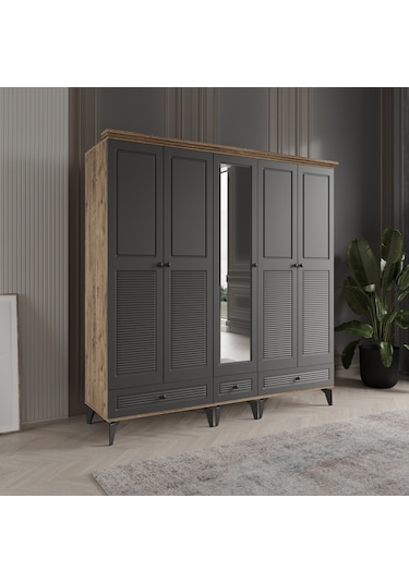 Beenal Nisa 5 Kapaklı Gardırop Dolap 200cm Atlantik Çam - Antrasi