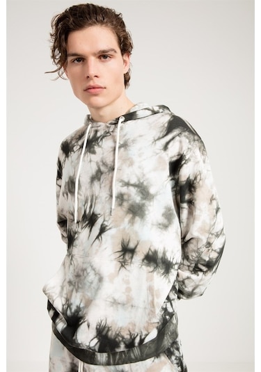 Jahr Marc Batik Yıkamalı Gri Oversize Erkek Kapüşonlu Sweatshirt Gri