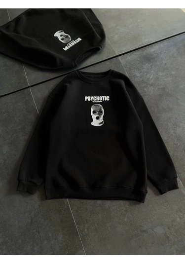 Mbb E-ticaret Kadın 3 İplik Kışlık Bisiklet Yaka Baskılı Sweatshirt - Siyah