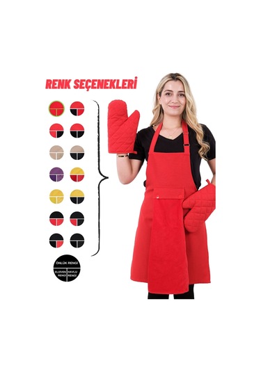 Star Ayar Askılı Havlulu 4lü Mutfak Önlüğü Seti 2 Eldiven Kırmızı-kırmızı-kırmızı
