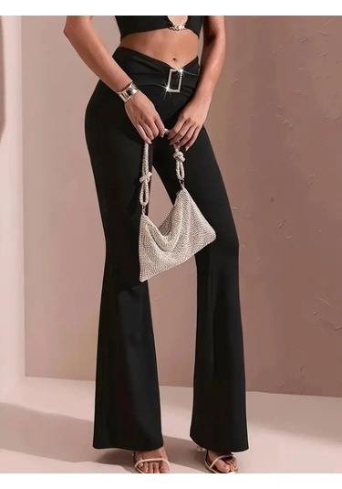 Simala Kadın Yüksek Bel Tokalı Ispanyol Paçalı Dalgıç Pantolon Siyah